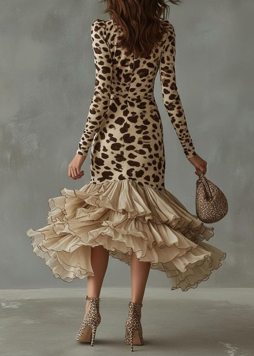 New Apricot V Neck Print Ruffled Patchwork Maxi Dress Fall