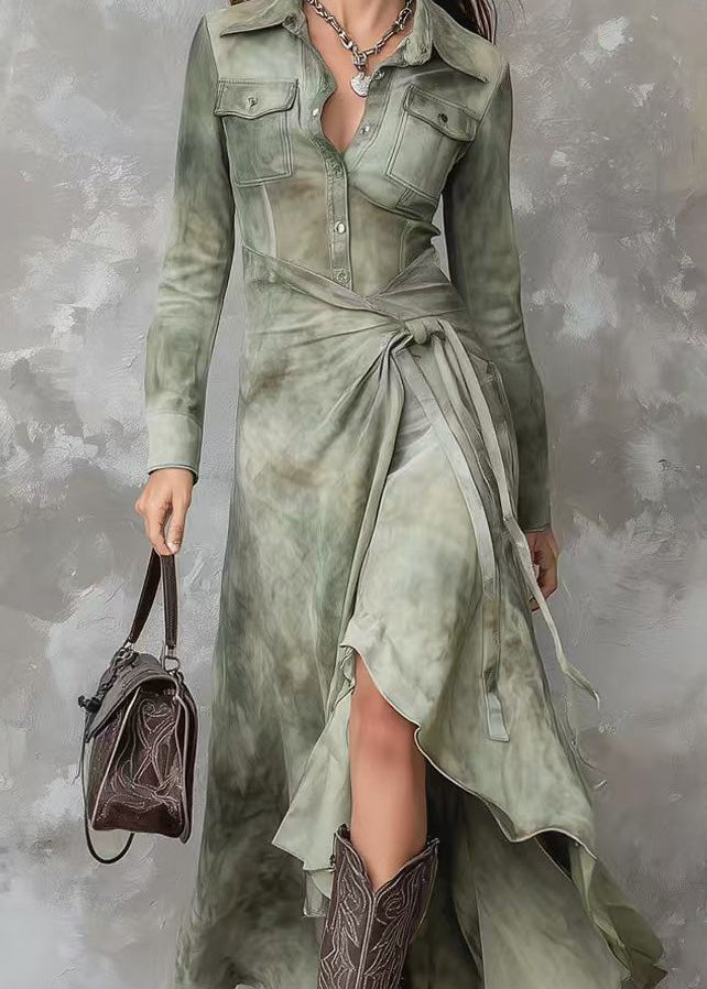 New Army Green Asymmetrical Design Cotton Dress Spring