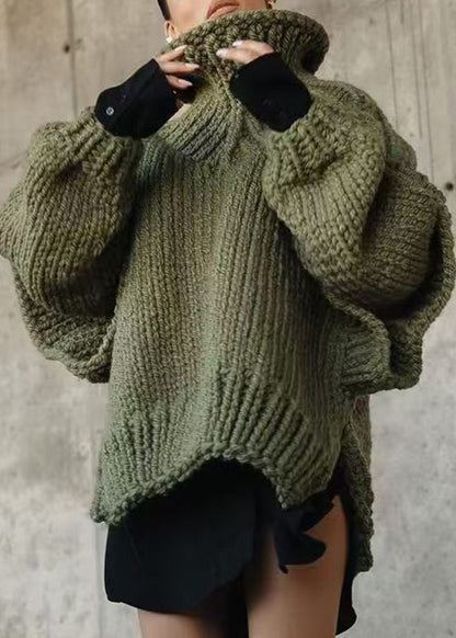 New Army Green Turtleneck Side Open Thick Knit Sweater Spring