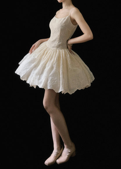 New Beige Embroidered Wrinkled Cotton Mini Dresses Sleeveless