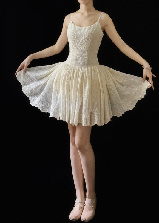 New Beige Embroidered Wrinkled Cotton Mini Dresses Sleeveless