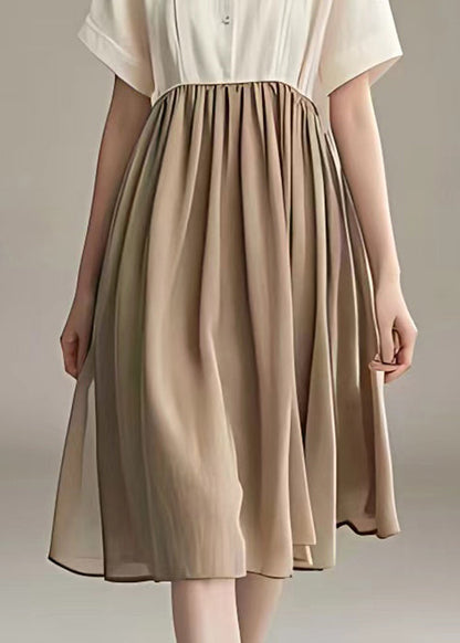 New Beige Peter Pan Collar Button Patchwork Cotton Dress Summer