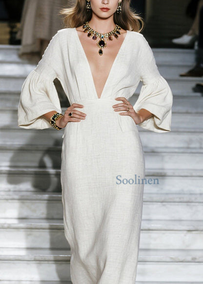 New Beige V Neck Patchwork Loose Cotton Maxi Dresses Spring