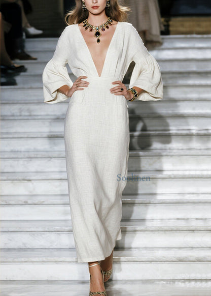 New Beige V Neck Patchwork Loose Cotton Maxi Dresses Spring