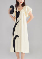 New Beige V Neck Print Solid Cotton Dresses Summer