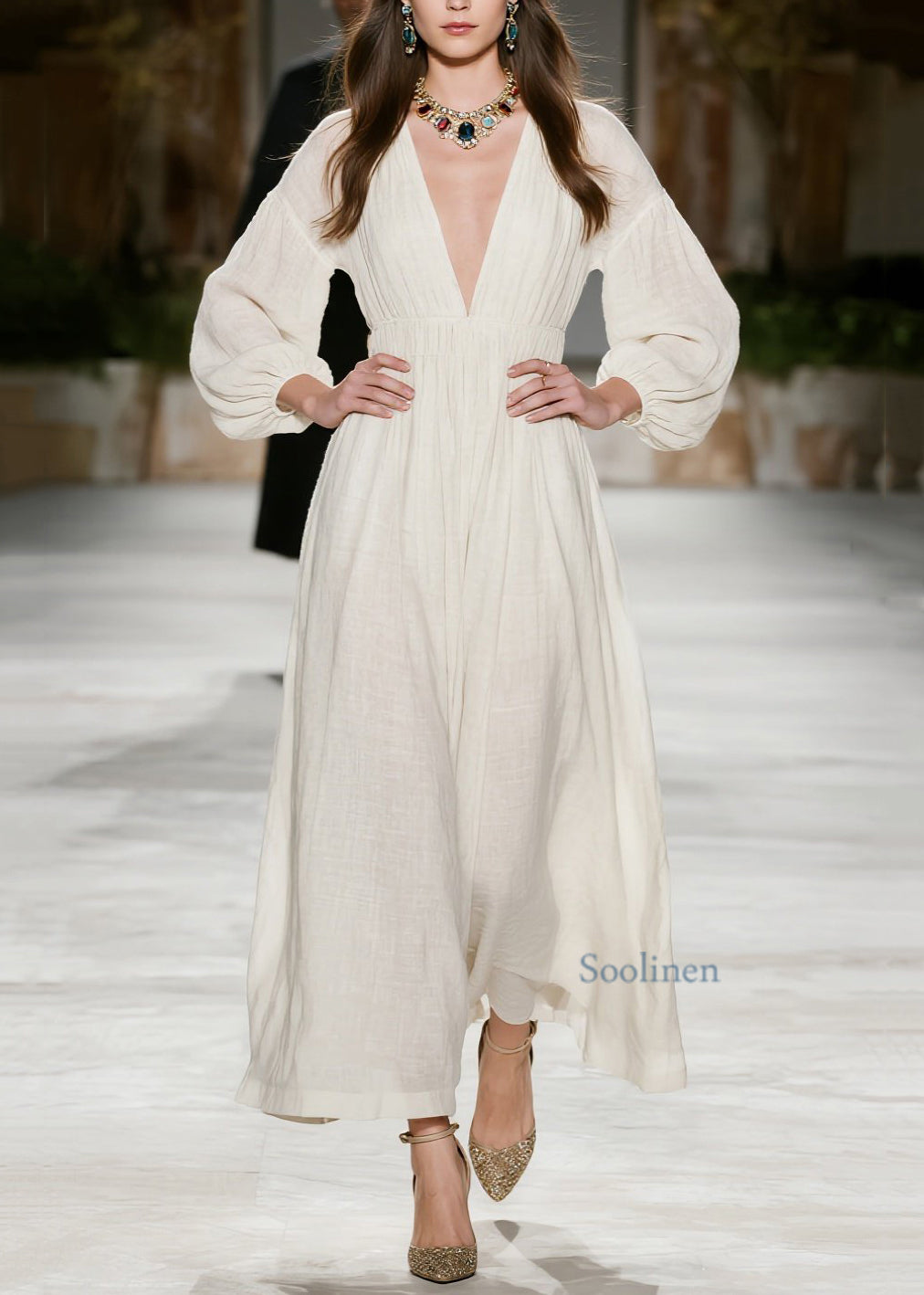 New Beige V Neck Wrinkled Patchwork Cotton Dress Spring