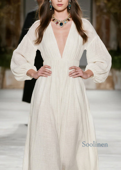 New Beige V Neck Wrinkled Patchwork Cotton Dress Spring