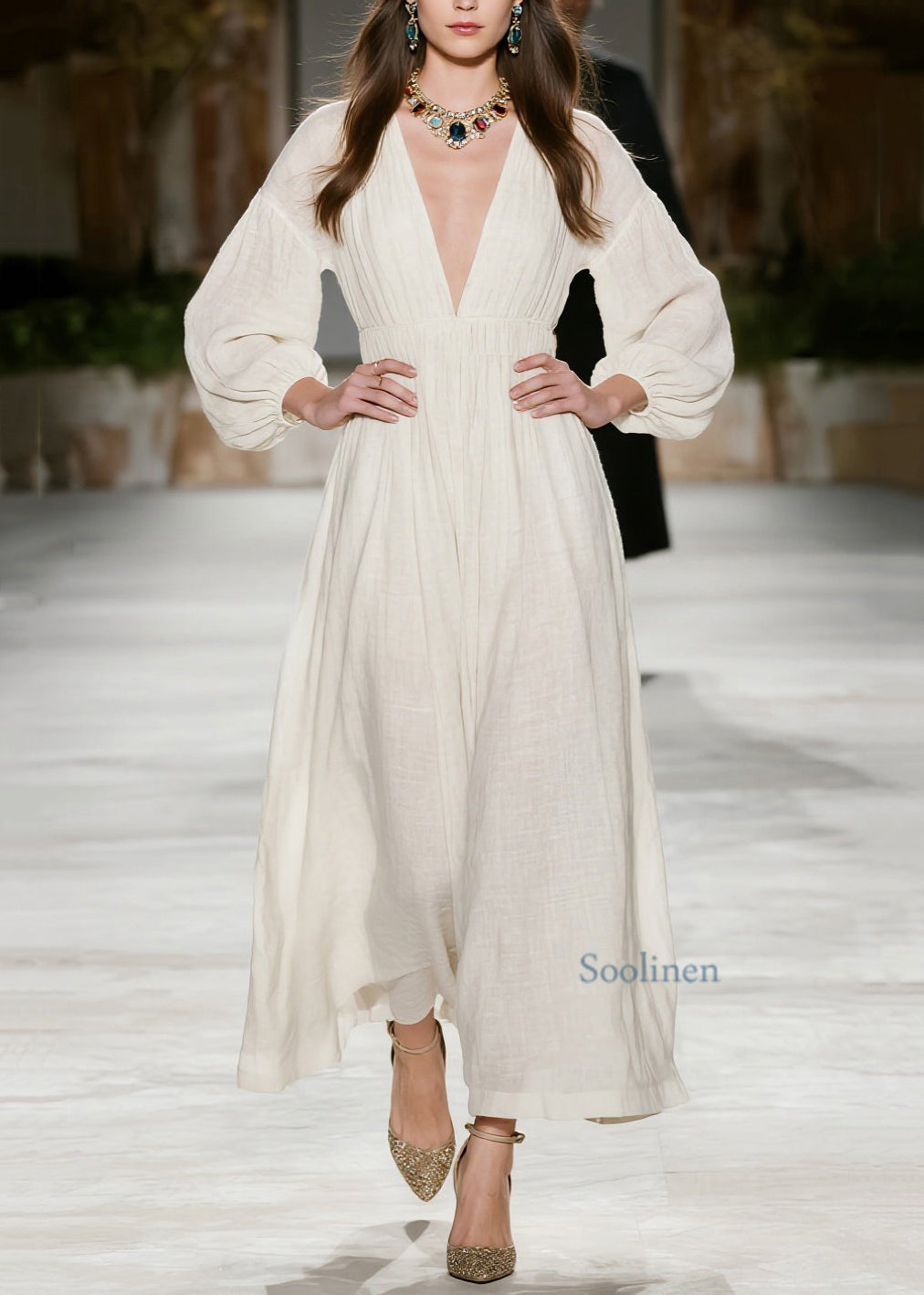 New Beige V Neck Wrinkled Patchwork Cotton Dress Spring