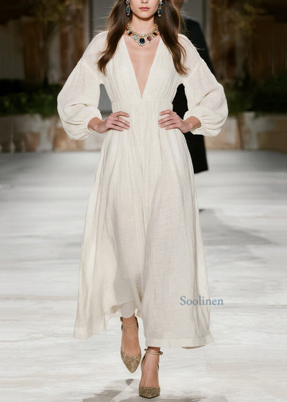 New Beige V Neck Wrinkled Patchwork Cotton Dress Spring