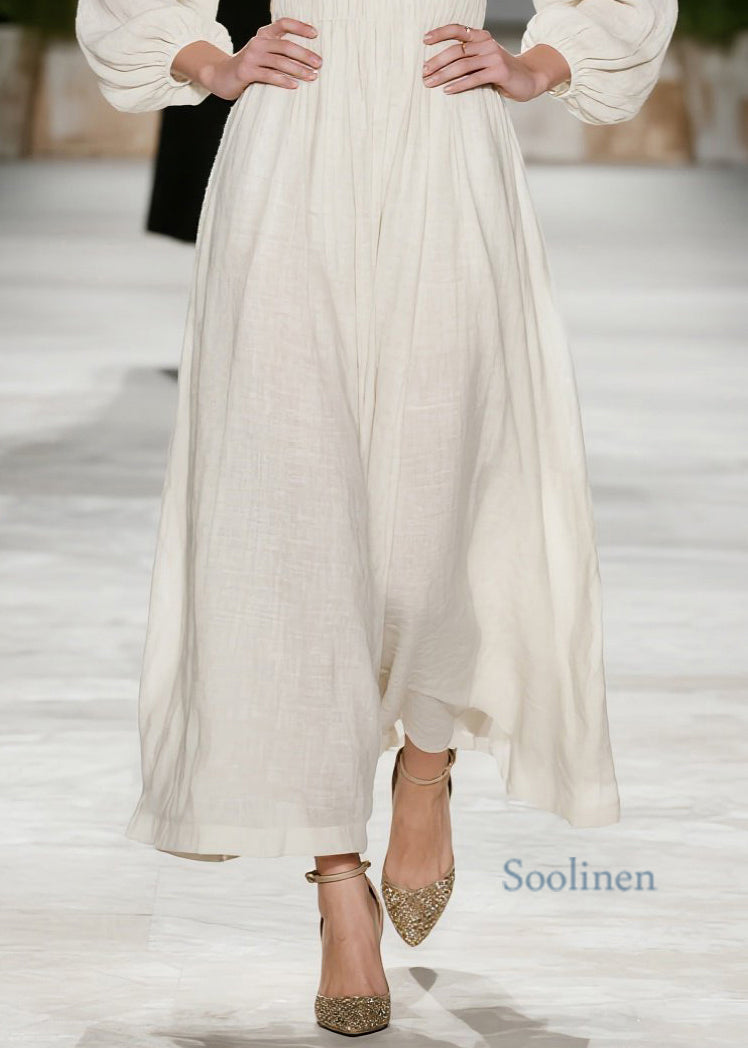 New Beige V Neck Wrinkled Patchwork Cotton Dress Spring