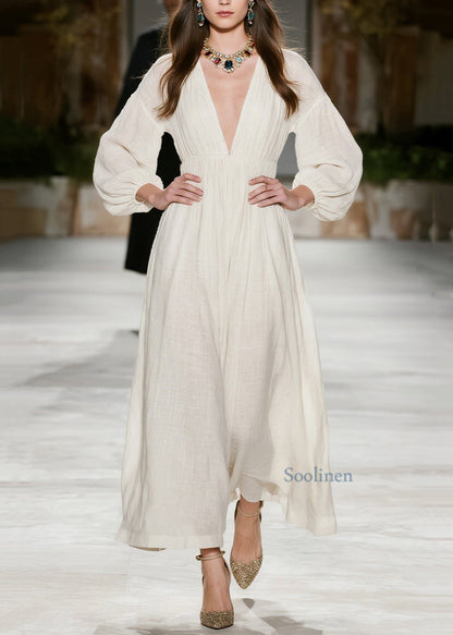 New Beige V Neck Wrinkled Patchwork Cotton Dress Spring