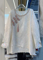 New Beige Zircon Embroidered Cotton Shirt Long Sleeve