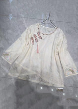 Load image into Gallery viewer, New Beige Zircon Embroidered Cotton Shirt Long Sleeve