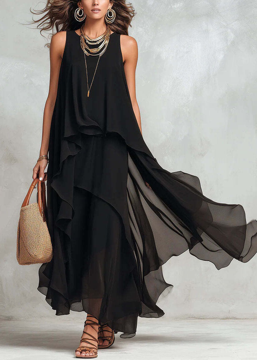 New Black Asymmetrical Design Patchwork Chiffon Dresses Sleeveless