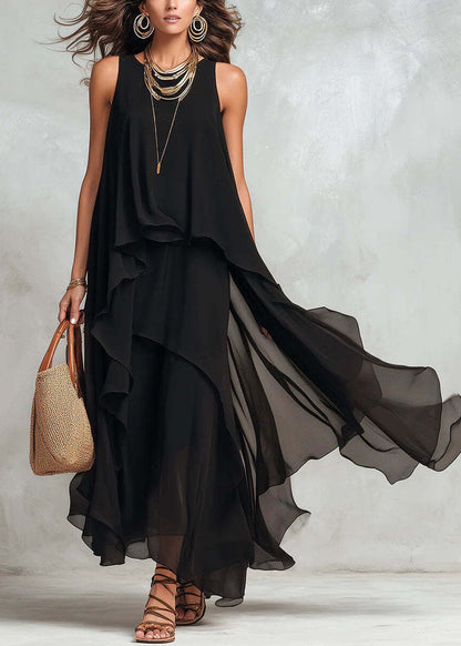 New Black Asymmetrical Design Patchwork Chiffon Dresses Sleeveless
