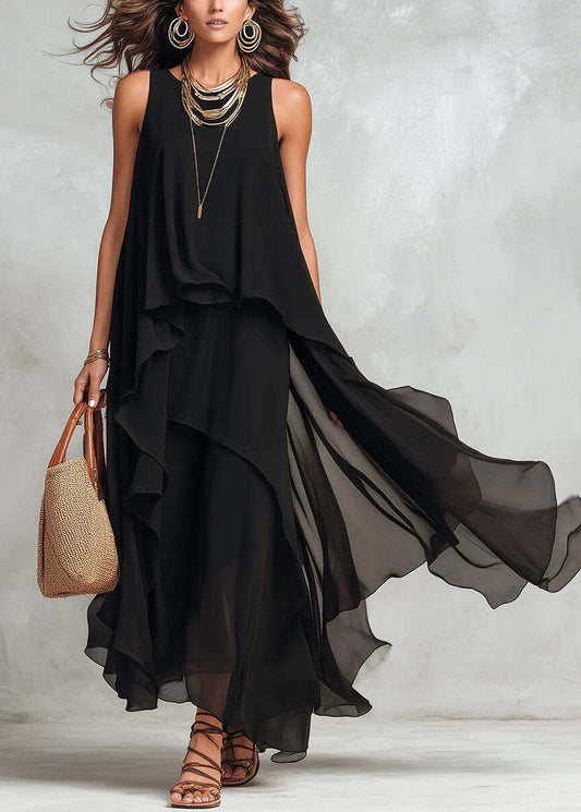 New Black Asymmetrical Design Patchwork Chiffon Dresses Sleeveless