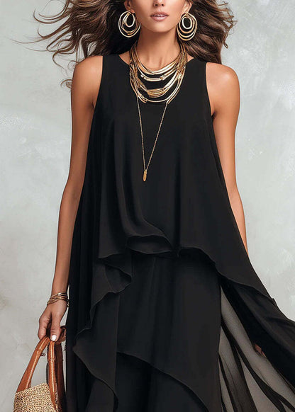 New Black Asymmetrical Design Patchwork Chiffon Dresses Sleeveless
