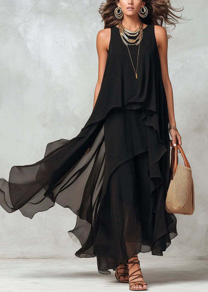 New Black Asymmetrical Design Patchwork Chiffon Dresses Sleeveless