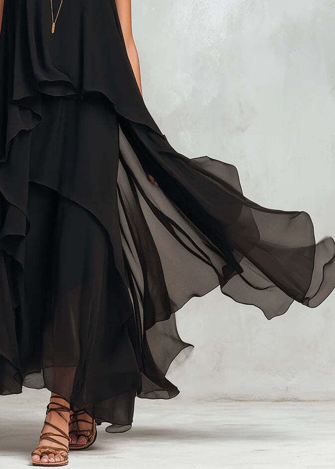New Black Asymmetrical Design Patchwork Chiffon Dresses Sleeveless