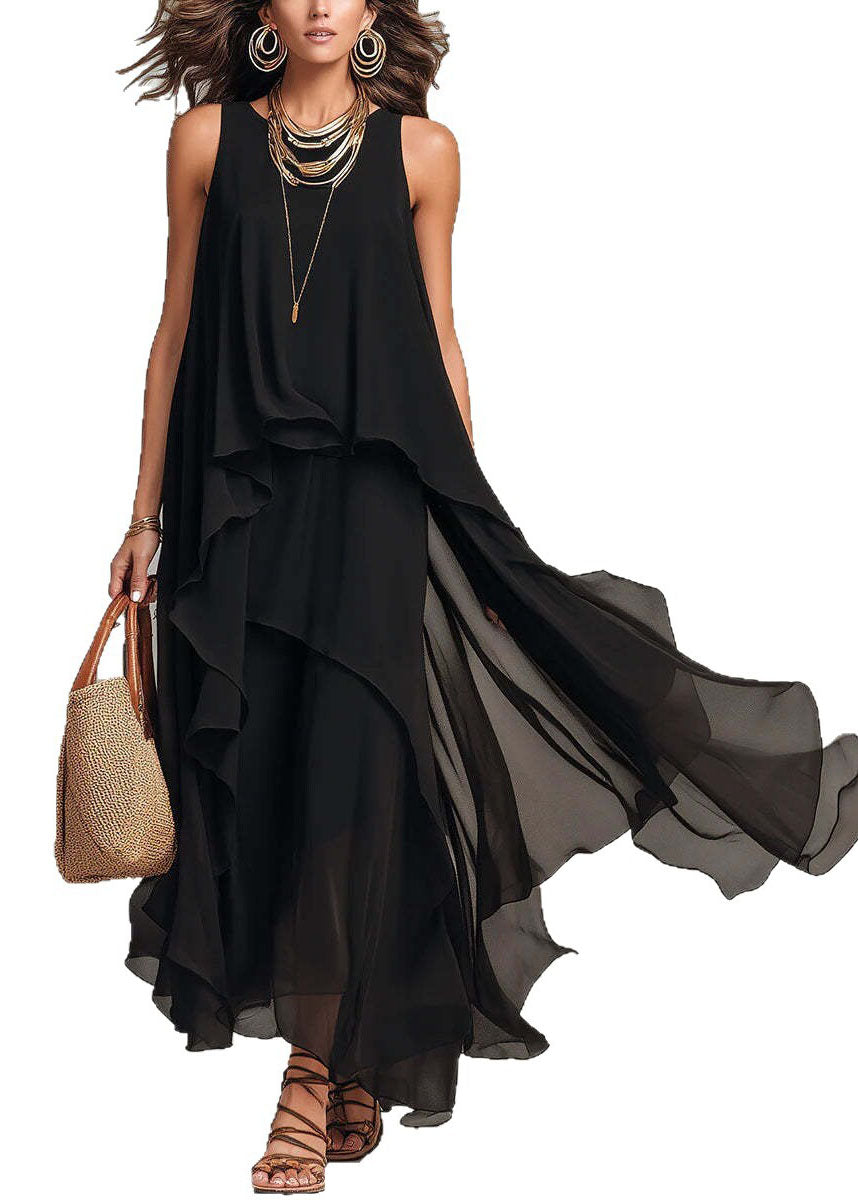 New Black Asymmetrical Design Patchwork Chiffon Dresses Sleeveless