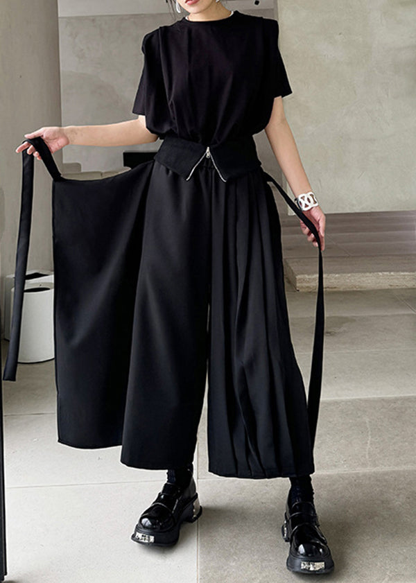 New Black Asymmetrical Pleated Ribbon Splicing Fake Two Piece Wide Leg Pants