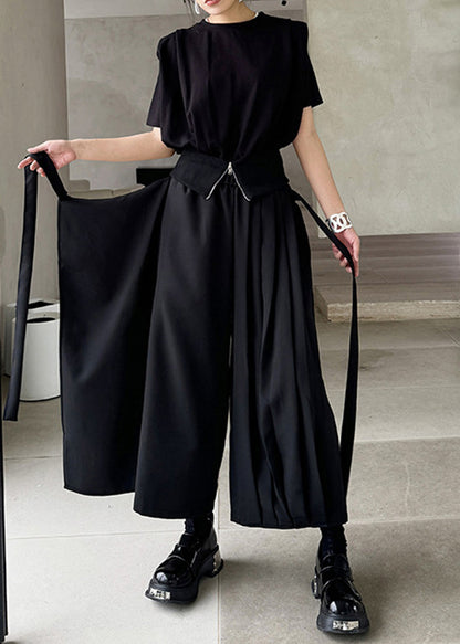 New Black Asymmetrical Pleated Ribbon Splicing Fake Two Piece Wide Leg Pants