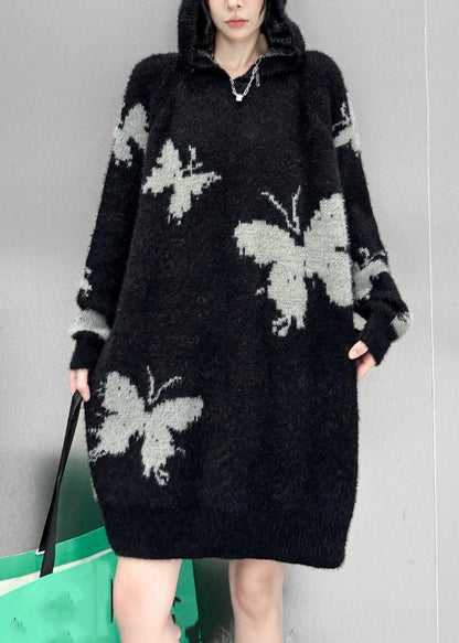 New Black Butterfly Print Hooded Cotton Knit Sweater Dress Fall