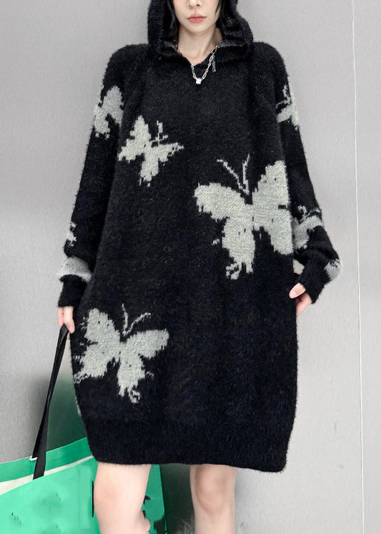 New Black Butterfly Print Hooded Cotton Knit Sweater Dress Fall
