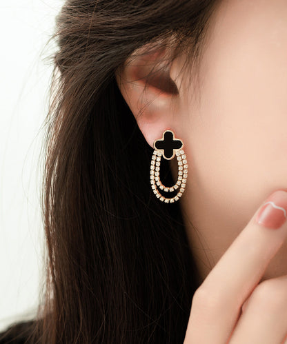 New Black Copper Overgild Zircon Four-Leaf Clover Hoop Earrings