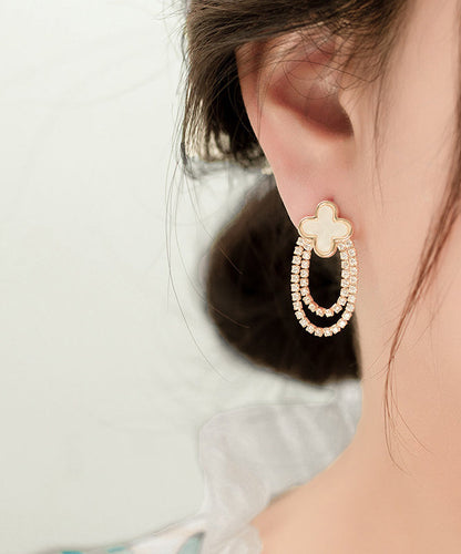 New Black Copper Overgild Zircon Four-Leaf Clover Hoop Earrings