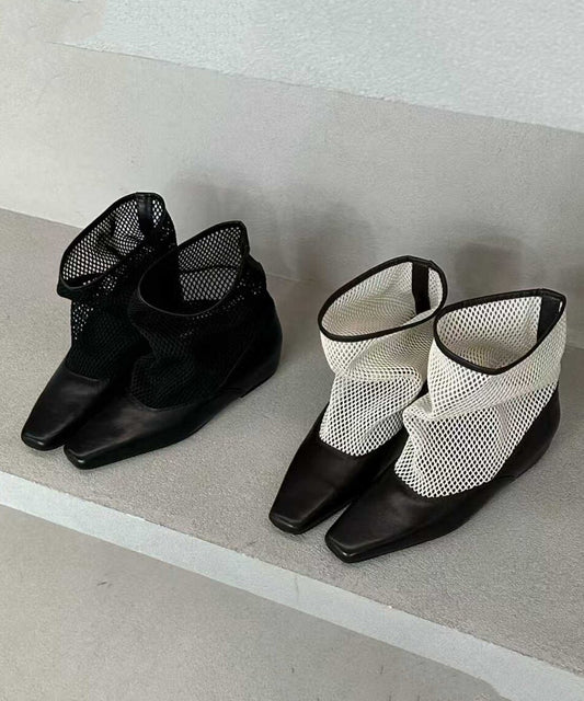 New Black Cowhide Cool Boots Square Toe Splicing Breathable Mesh Fabric