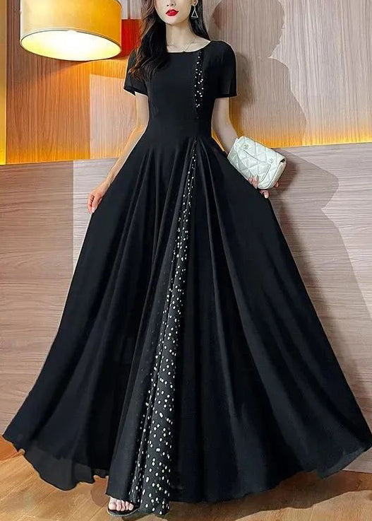 New Black Dot O Neck Patchwork Chiffon Long Dresses Summer