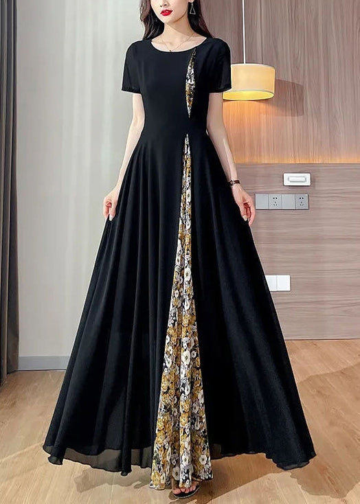 New Black Dot O Neck Patchwork Chiffon Long Dresses Summer