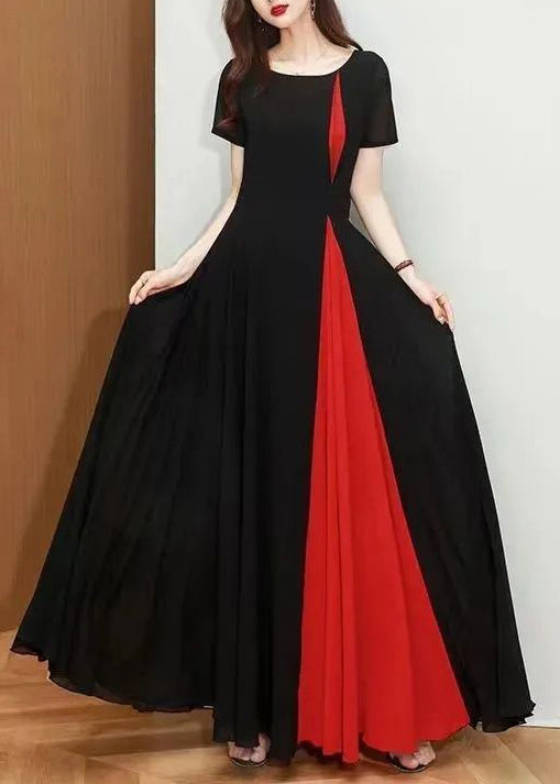 New Black Dot O Neck Patchwork Chiffon Long Dresses Summer