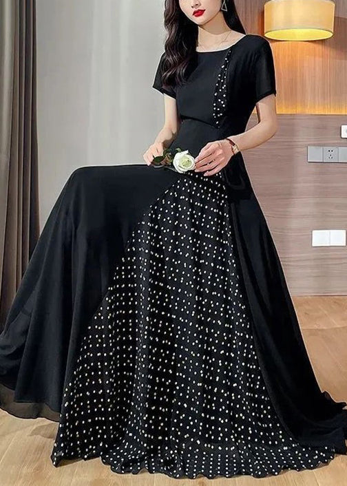New Black Dot O Neck Patchwork Chiffon Long Dresses Summer