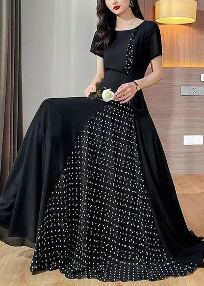 New Black Dot O Neck Patchwork Chiffon Long Dresses Summer