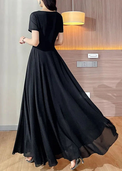 New Black Dot O Neck Patchwork Chiffon Long Dresses Summer