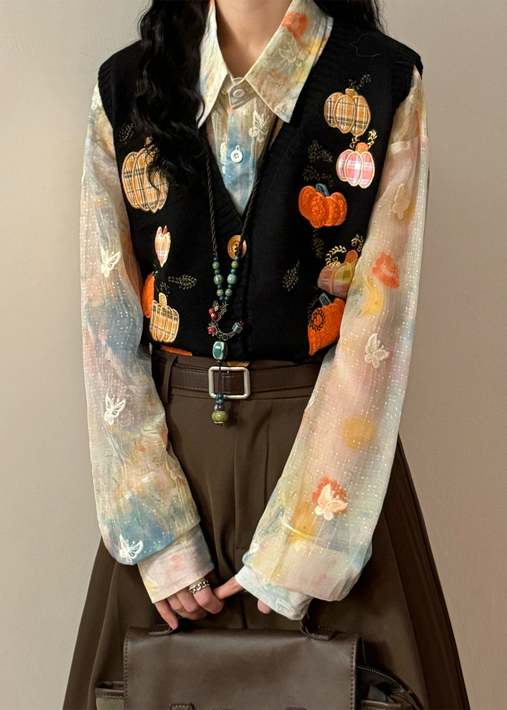 New Black Embroidered Pumpkin Button Knit Waistcoat Spring