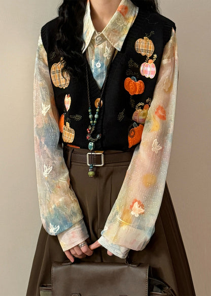 New Black Embroidered Pumpkin Button Knit Waistcoat Spring