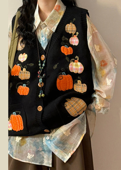 New Black Embroidered Pumpkin Button Knit Waistcoat Spring