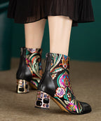 New Black Embroidered Zircon Cowhide Leather Chunky Boots