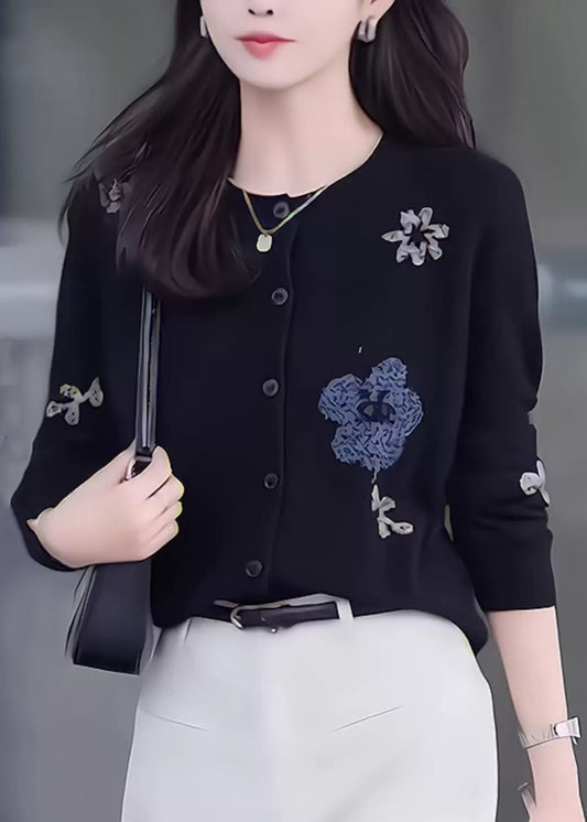 New Black O Neck Print Button Knit Coat Fall