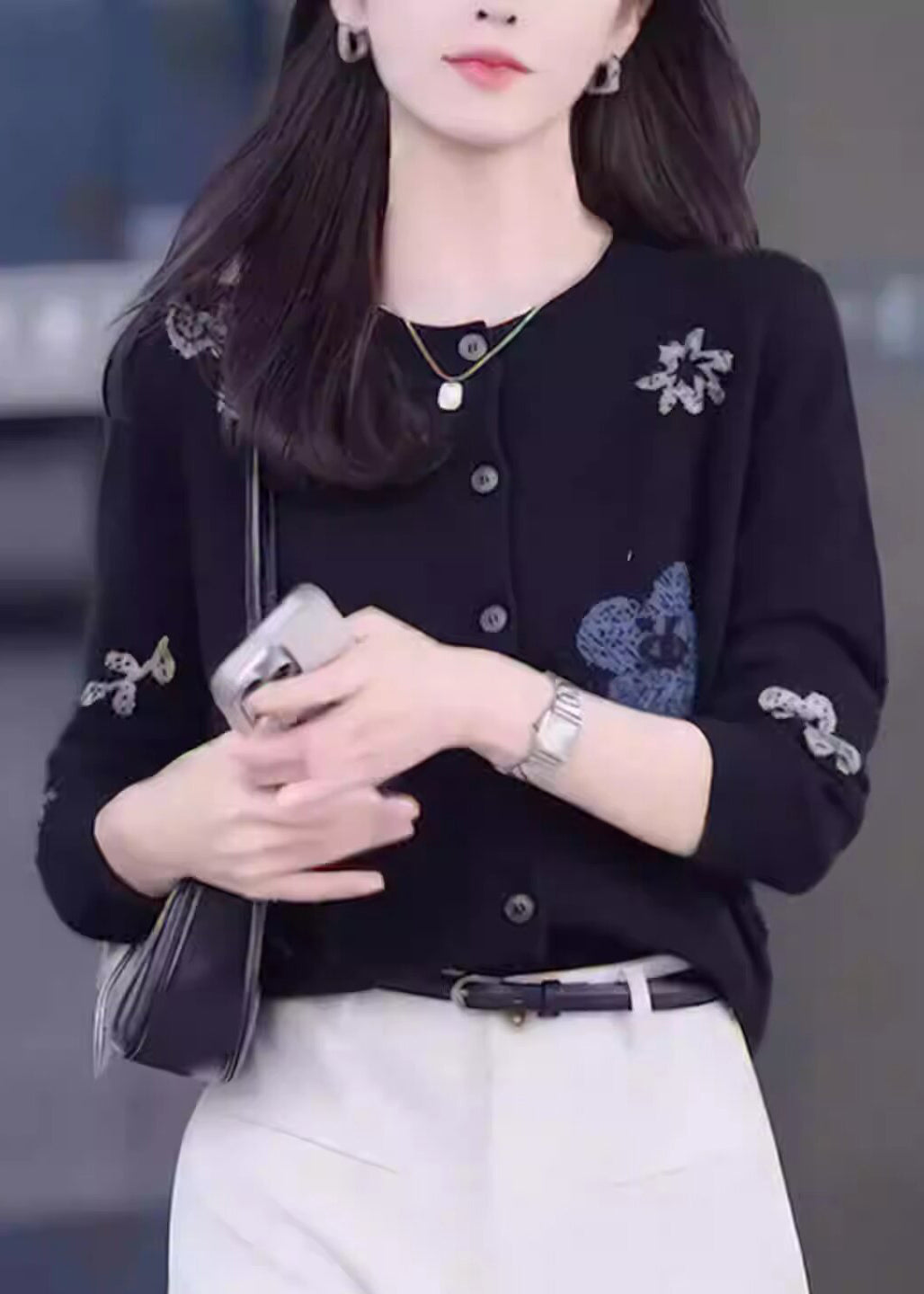 New Black O Neck Print Button Knit Coat Fall