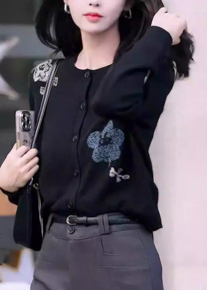 New Black O Neck Print Button Knit Coat Fall