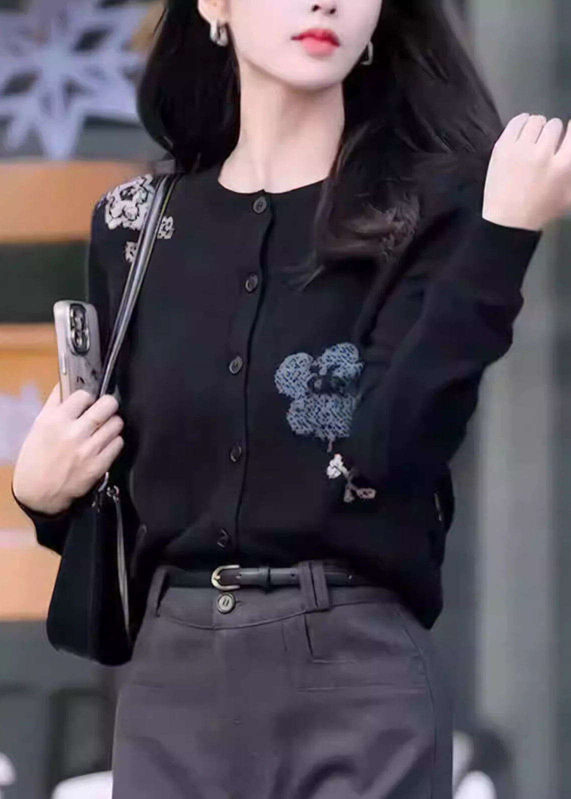 New Black O Neck Print Button Knit Coat Fall