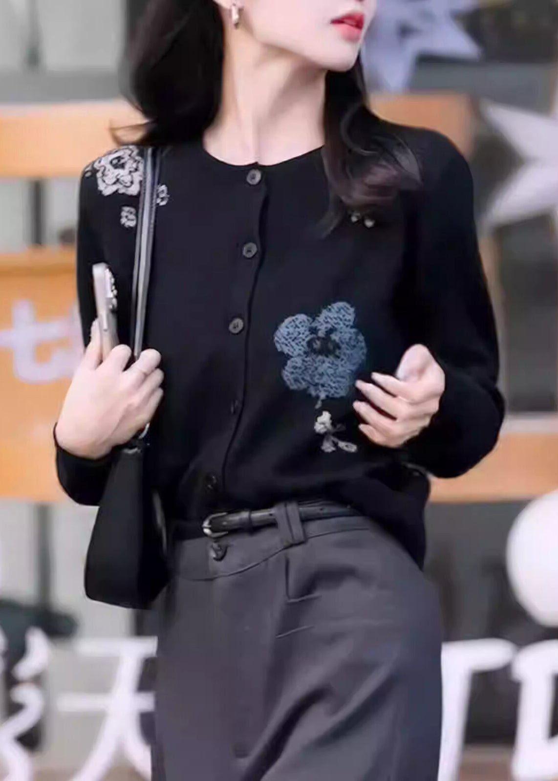 New Black O Neck Print Button Knit Coat Fall