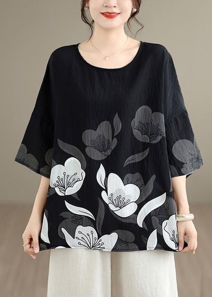 New Black O Neck Print Plus Size Cotton T Shirt Summer