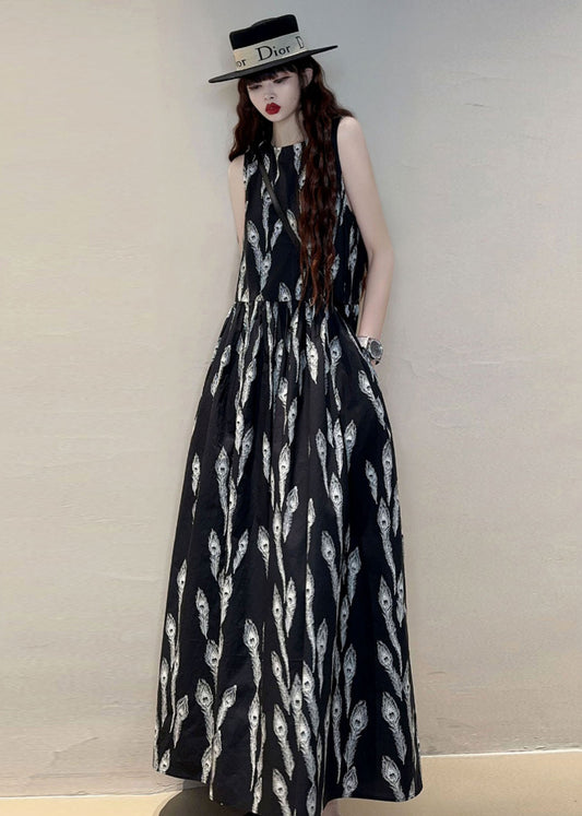 New Black O Neck Print Pockets Cotton Maxi Dresses Sleeveless