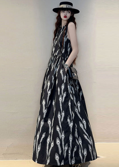 New Black O Neck Print Pockets Cotton Maxi Dresses Sleeveless