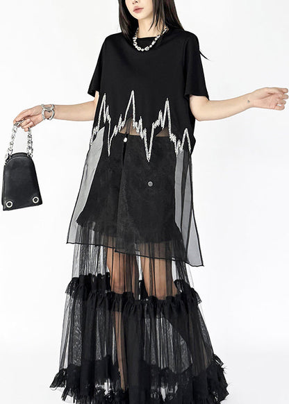 New Black O Neck Sequins Patchwork Cotton T Shirt Dress Summer